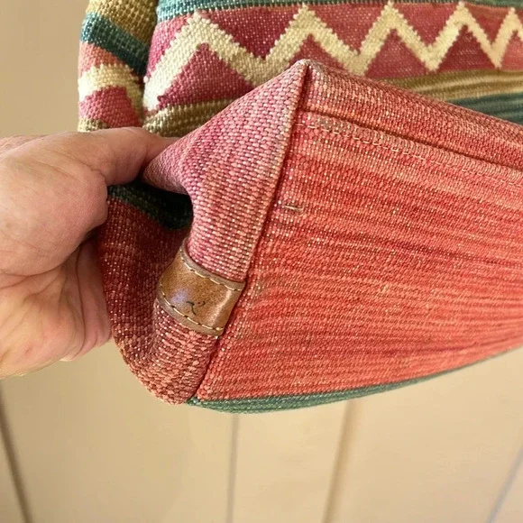 Vintage Boho Southwestern Textile Purse with Leather Trim Convertible Strap